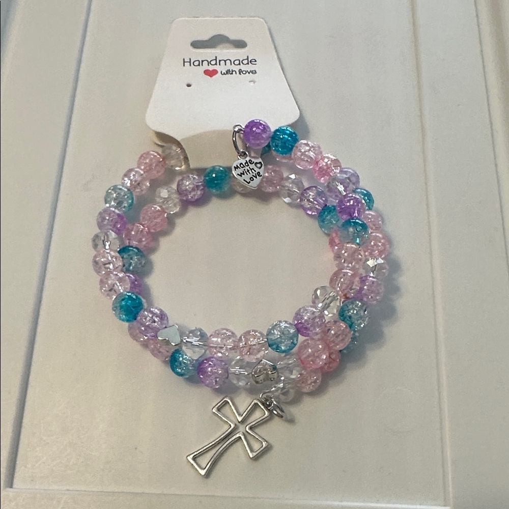Multicolor Memory Wire Beaded Bracelet with Cross Charm